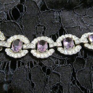 Vintage Faux Amethyst and Faux Diamond bracelet Silver Tone 7-1/2" ~ Stunning!